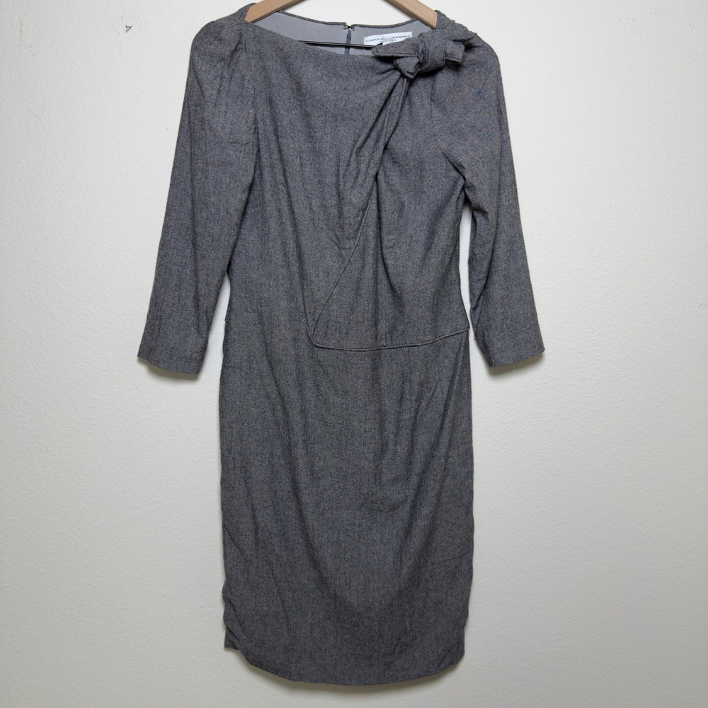 Carolina Herrera Women Virgin Wool Silk Dress 8 Grey Bow Front Sheath Midi